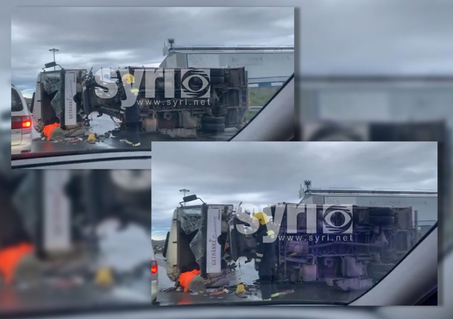 VIDEO/ Përmbyset kamioni në autostradën Tiranë – Durrës