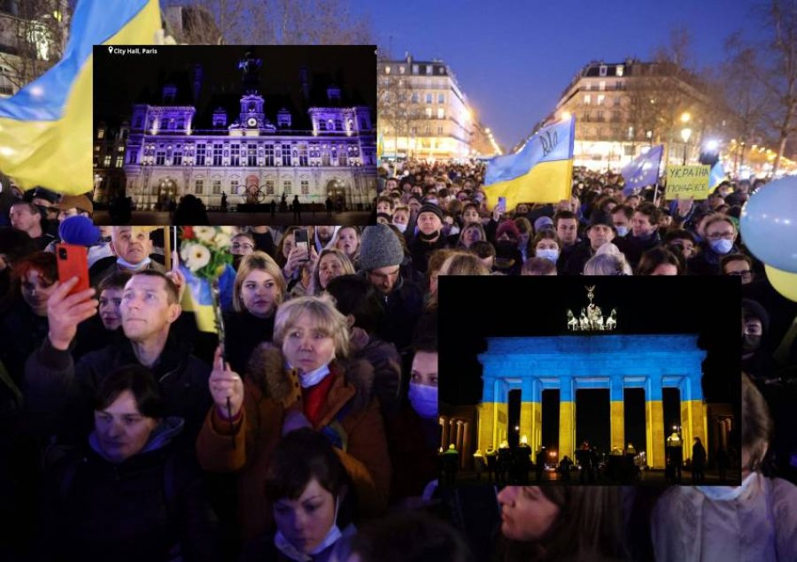 FOTO/ Turmat mblidhen në mbështetje të Ukrainës! Berlini dhe Parisi ndriçojnë ndërtesat me flamurin ukrainas