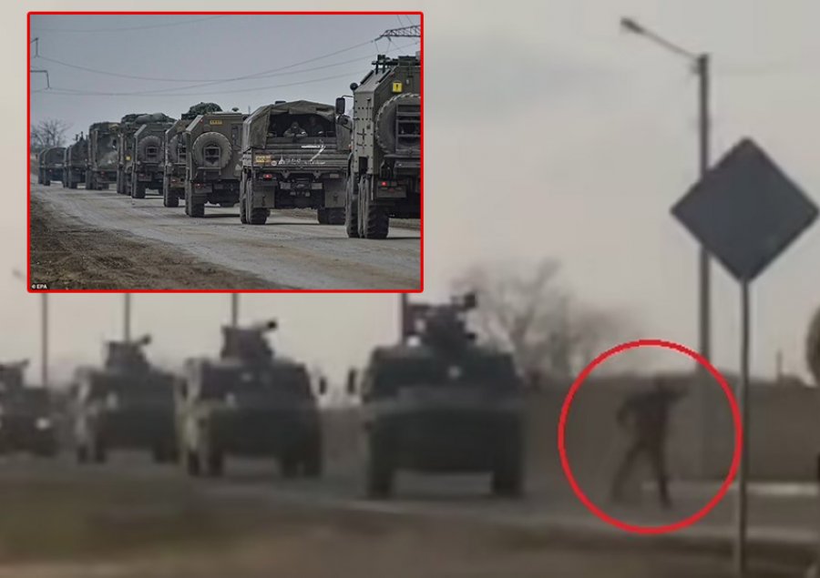 VIDEO/ Moment i jashtëzakonshëm, ukrainasi i guximshëm i pret rrugën i vetëm autokolonës ushtarake ruse