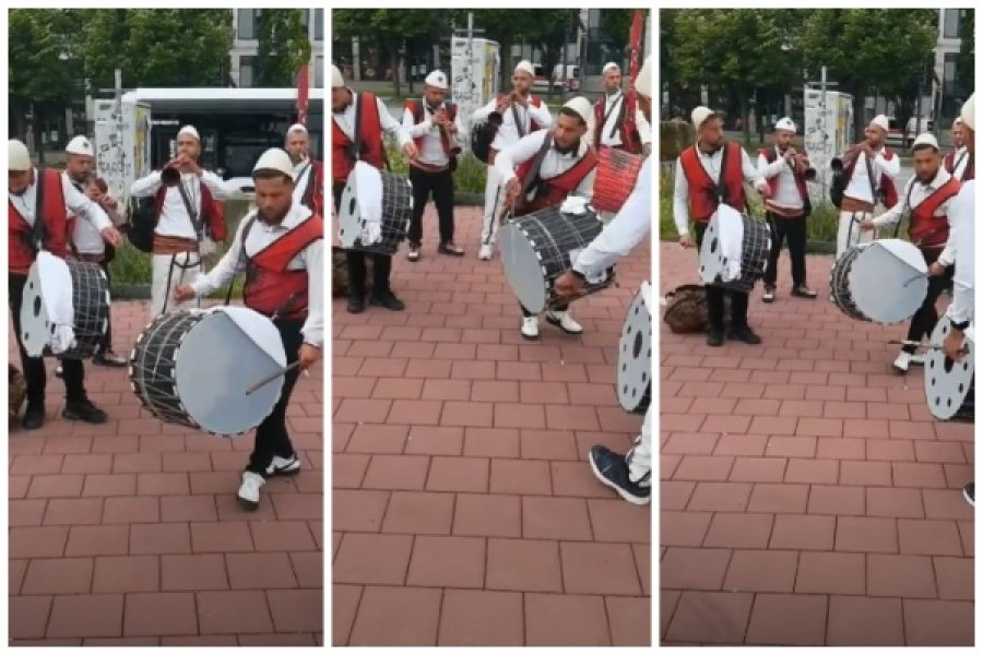 VIDEO/ Me veshje popullore dhe muzikë me daulle, tifozët shqiptarë dhurojnë spektakël në Hamburg