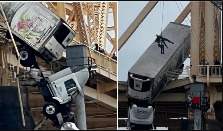 VIDEO/ Shoferja shpëtohet mrekullisht nga kamioni i varur në urë pas aksidentit në SHBA